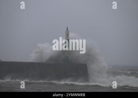 Aberystwyth pays de Galles Météo Royaume-Uni 23 novembre 2024. La tempête BERT frappe la côte britannique, les vents violents frappent l'ouest du pays de Galles en faisant de grosses vagues contre le port et la promenade. Des vents devraient éclater jusqu'à 70 km/h, un avertissement jaune est en place avec des dommages à la propriété et aux structures possibles, crédit : mike davies/Alamy Live News Banque D'Images