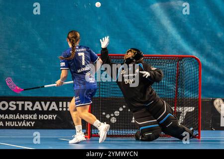 Ostrava, République tchèque. 23 novembre 2024. L-R Vendula Maroszova et le gardien Nikola Prileska (tous deux Vitkovice) en action lors des demi-finales de la Coupe des Champions de Floorball féminin - Game SC Vitkovice - Thorengruppen IBK, Ostrava, République tchèque, 23 novembre 2024. Crédit : Vladimir Prycek/CTK photo/Alamy Live News Banque D'Images