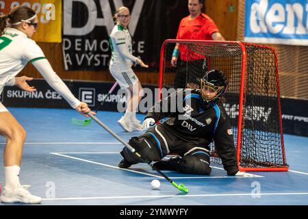 Ostrava, République tchèque. 23 novembre 2024. L-R Oona Kauppi (Thorengruppen) et le gardien Nikola Prileska (Vitkovice) en action lors des demi-finales de la Coupe des Champions de Floorball féminin - Game SC Vitkovice - Thorengruppen IBK, Ostrava, République tchèque, 23 novembre 2024. Crédit : Vladimir Prycek/CTK photo/Alamy Live News Banque D'Images