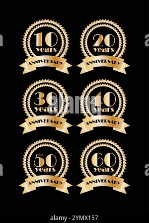 Logos d'anniversaire d'or avec couronnes de laurier et étoiles, commémorant 10, 15, 20, 25, 30, et 35 ans de réussite Illustration de Vecteur