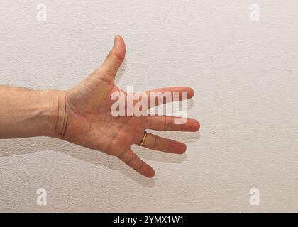 Main montrant le numéro cinq, tous les doigts étendus sur un fond blanc Banque D'Images