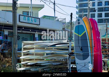 Comté de Yangyang, Corée du Sud - 3 novembre 2024 : une pile de planches de surf exposées près de Nalu Cafe, un spot branché sur le thème du surf près de Jukdo Beach, Set Banque D'Images