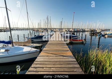 Jetée et bateaux dans une marina à Fahrensodde sur la mer Baltique en Allemagne du Nord Banque D'Images