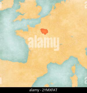 Ile-de-France sur la carte de France dans un style grunge doux et vintage, comme du vieux papier à l'aquarelle. Banque D'Images