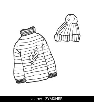 Pull confortable en maille et chapeau. Dessinez à la main des vêtements en laine d'automne ou d'hiver confortables dans un style en forme de doodle pour votre conception. Contours noirs isolés sur un fond blanc Illustration de Vecteur