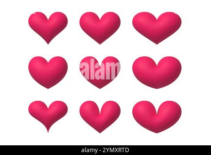 coeur 3d. Ballons de coeur rouges réalistes dans diverses formes. Romantiques coeurs violets gonflés éléments isolés pour la Saint-Valentin et la carte de fête des mères, invitation de mariage. Ensemble de vecteurs. Illustration de Vecteur