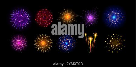 Feux d'artifice festifs. Feu d'artifice étincelant réaliste dans le ciel sombre. Éclats colorés chatoyants salut 3D. Nouvel an, Noël et éléments du jour de l'indépendance. Ensemble de vecteurs. Illustration de Vecteur