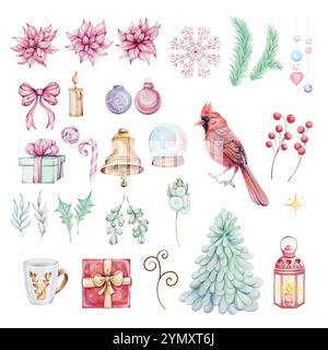 Aquarelle clip art de Noël avec poinsettia rose, cardinal rouge, brunch, arbre, cadeaux, cloche, canne à bonbons. Illustrations peintes à la main, isolées sur blanc Banque D'Images