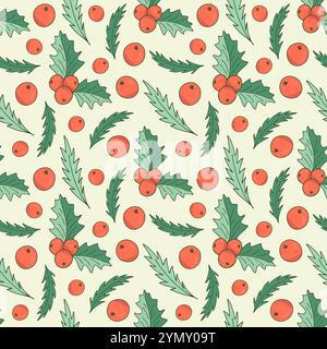 Motif de Noël de feuilles de houx et de baies sur un fond clair. Motif vectoriel festif sans couture, idéal pour les invitations de fête, les cartes postales, les textiles Illustration de Vecteur