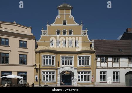 Ancien Loewen Apotheke de 300 ans, maintenant un cybercafé, Wismar, Mecklembourg-Poméranie occidentale, Allemagne, Europe Banque D'Images