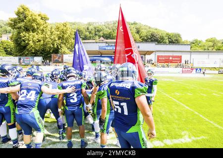 Ligue allemande de football, Schwaebisch Hall Unicorns, Straubing Spiders dans l'Optima-Sportpark Shwaebisch Hall le 02,2023 juillet Allemagne, Entry Straubing Banque D'Images