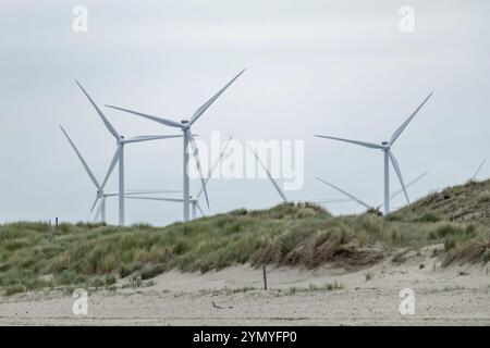 Éoliennes derrière les dunes de rockanje, aux pays-bas, à l'automne par mauvais temps Banque D'Images