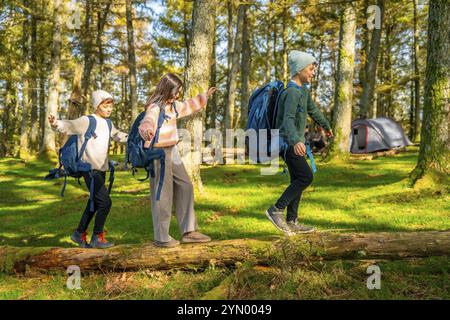 Trois jeunes frères et soeurs caucasiens marchant de manière ludique en maintenant l'équilibre sur un tronc d'arbre dans la forêt Banque D'Images