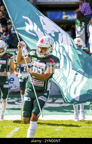 Ligue allemande de football, Schwaebisch Hall Unicorns, Sarre Hurricanes dans l'Optima-Sportpark Shwaebisch Hall le 29,2023 juillet Allemagne, entrée Schwaebi Banque D'Images