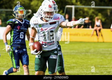 erima GFL / German Football League, Schwaebisch Hall Unicorns - Straubing Spiders im Optima-Sportpark Schwaebisch Hall AM 02.07.2023 Deutschland,, CON Banque D'Images