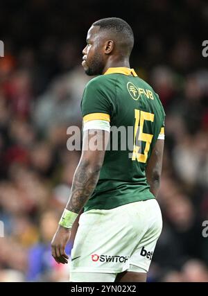 23 novembre 2024 ; Principality Stadium, Cardiff, pays de Galles : Autumn Rugby International, pays de Galles contre Afrique du Sud ; Aphelele Fassi d'Afrique du Sud Banque D'Images