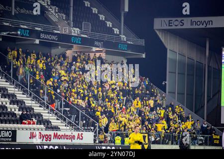 Skien, Norvège, 23 novembre 2024. Les supporters de Bodø Glimt dans le match Eliteserien entre ODD et Bodø/Glimt au Skagerak Arena. Crédit : Frode Arnesen/Alamy Live News Banque D'Images