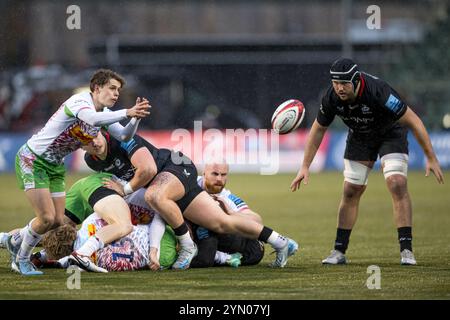 Londres, Royaume-Uni. 23 novembre 2024. Lucas Friday des Harlequins passe le ballon lors du match de la Premiership Rugby Cup entre Saracens et Harlequins au StoneX Stadium, Londres, Angleterre, le 23 novembre 2024. Photo de Phil Hutchinson. Utilisation éditoriale uniquement, licence requise pour une utilisation commerciale. Aucune utilisation dans les Paris, les jeux ou les publications d'un club/ligue/joueur. Crédit : UK Sports pics Ltd/Alamy Live News Banque D'Images