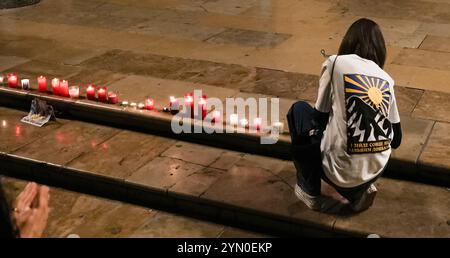 Valence, Espagne - 23 novembre 2024. Une foule de personnes ukrainiennes se rassemblent sur la place de la Vierge (Plaza de la Virgen) à Valence pour protester contre l'utilisation de la partie russe du missile hypersonique Oreshnik contre l'usine de fabrication de missiles de Yuzhmash, Dnipró, Ukraine. Le missile a été lancé depuis la base de Kedr à Astracán. Les manifestants se sont rassemblés devant Real Basílica de Nuestra Señora de los Desamparados pour écouter le discours de Mykhaylo Petrunyak, président de l’association Fédération des Ukrainiens vivant en Espagne. Crédit : Roberto Arosio/Alamy Live News Banque D'Images