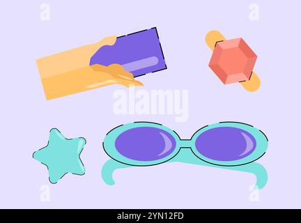 Élément classique des années 80 et 90. Lunettes de soleil bleues et étoile. Icônes rétro dans un style funky. Mode et style. Autocollant pour réseaux sociaux. Vecteur plat Illustration de Vecteur