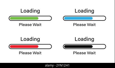 Barre rectangulaire arrondie chargement s'il vous plaît attendre l'icône de symbole définie en quatre couleurs différentes - Vert, Bleu, Rouge et Noir. Chargement à 70 %, veuillez patienter. Illustration de Vecteur