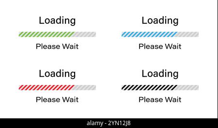 Barre chargement avec des lignes inclinées s'il vous plaît attendre icône de symbole définie dans quatre couleurs différentes - Vert, Bleu, Rouge et Noir. Chargement à 70 %, veuillez patienter. Illustration de Vecteur