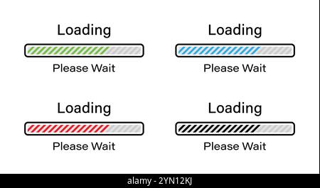 Barre rectangulaire chargement avec des lignes inclinées s'il vous plaît attendre icône de symbole définie dans quatre couleurs différentes - Vert, Bleu, Rouge et Noir. Chargement de 70 %. Illustration de Vecteur