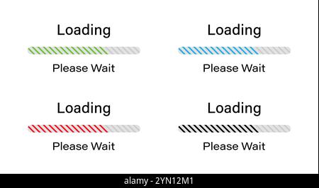Barre arrondie chargement avec des lignes inclinées s'il vous plaît attendre l'icône de symbole définie en vert, bleu, rouge et noir de couleur. Chargement de 70 %, veuillez patienter la barre de progression. Illustration de Vecteur