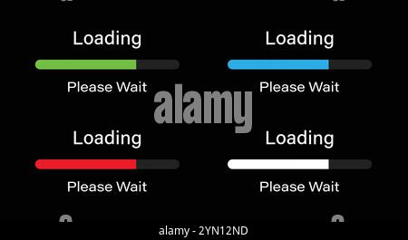 Barre arrondie chargement s'il vous plaît attendre l'icône de symbole définie en quatre couleurs différentes - Vert, Bleu, Rouge et Blanc. Chargement de 70 %, veuillez patienter la barre de progression. Illustration de Vecteur