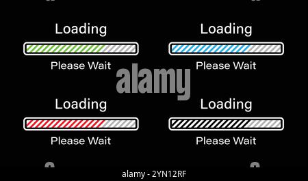 Barre rectangulaire chargement avec des lignes inclinées s'il vous plaît attendre icône de symbole définie dans quatre couleurs différentes - Vert, Bleu, Rouge et Noir. Chargement de 70 %. Illustration de Vecteur