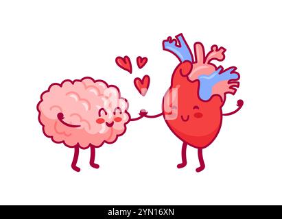 Équilibre entre le cœur et le cerveau, de mignons personnages kawaii. Le concept d'harmonie de l'esprit et des sentiments. Illustration vectorielle dans le style plat pour la bannière Illustration de Vecteur