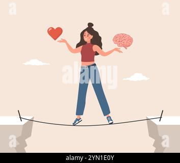 Équilibre cérébral et cardiaque. Concept d'intelligence émotionnelle. Personnage féminin trouver l'équilibre entre le cœur et le cerveau. Illustration vectorielle dans le dessin animé plat Illustration de Vecteur