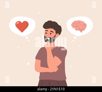 Équilibre cérébral et cardiaque. Concept de santé mentale. Personnage masculin de dessin animé prenant la décision de la vie. Illustration vectorielle dans un style plat Illustration de Vecteur