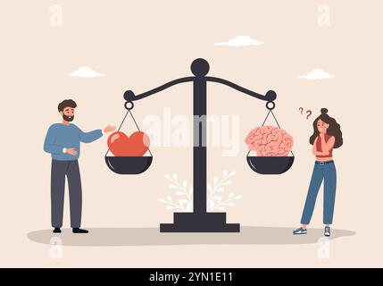 Équilibre entre le cerveau et le cœur. Concept de santé mentale et physique. Homme et femme comparant la pensée logique et l'émotion sur des échelles. Illustration vectorielle Illustration de Vecteur