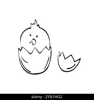 poulet, dessin animé dessin à la main illustration de doodle vectoriel. Oiseau de Pâques drôle, illustration vectorielle linéaire. Doodle Little Chick. Dessin simple et noir desi Illustration de Vecteur