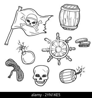 Vector Set avec des doodles isolés dessinés à la main sur le thème des pirates et des aventures. Esquisses à utiliser dans la conception Illustration de Vecteur