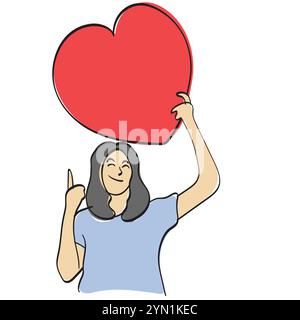 Humain tenant grand vecteur d'illustration de coeur rouge dessiné à la main isolé sur fond blanc Illustration de Vecteur
