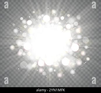 Flash brillant de lumière blanche et dorée avec des reflets et des rayons, des étincelles et de la poussière d'étoile. Effet lumière du soleil transparent. Illustration de Vecteur