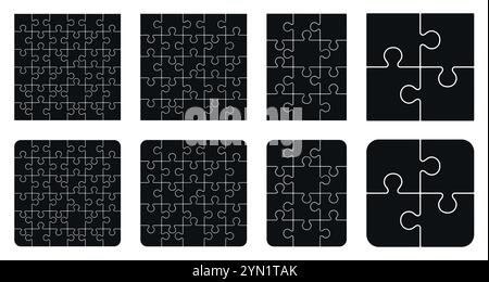 Pièces de puzzle carré 4x4, 5x5, 6x6, 3x4, isolé sur fond blanc. Modèle de vecteur de jeu de puzzle Jigsaw avec des angles droits, arrondis. Illustration de Vecteur
