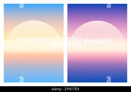 Lever de soleil, coucher de soleil avec ciel bleu et soleil doré. Gradient abstrait de la lumière du soleil sur l'horizon océanique. Illustration de Vecteur