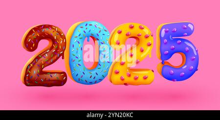 Carte de voeux savoureux bonne année 2025. Numéros Sweet émaillés colorés. Carte de vœux, bannière, affiche. Illustration vectorielle Illustration de Vecteur