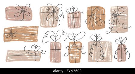 Coffret cadeau crayon. Emballage neutre et durable. Collection de cadeaux festifs dans le style gribouillage griffonné. Illustration vectorielle isolée sur fond blanc Illustration de Vecteur