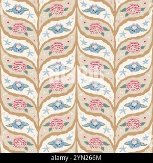 Motif indien sans couture de chintz. Arrière-plan sans fin de branches de fleurs modernes. Décoration de couverture tressée à répétition florale. Dessinateur textile numérique à motif de surface Illustration de Vecteur