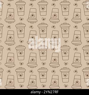 Gobelets jetables avec coeurs Seamless Pattern en brun doux monochrome tendance. Contexte de la journée du café. Illustration vectorielle isolée cartes thématiques ou de voeux, papier peint, emballage ou promo web, dépliants Illustration de Vecteur