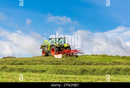 Agriculteur travaillant la terre, conduisant son tracteur et tournant le foin coupé pour l'aider à sécher en été prêt pour la mise en balles. Yorkshire Dales, Royaume-Uni. SP. Horizontale Banque D'Images