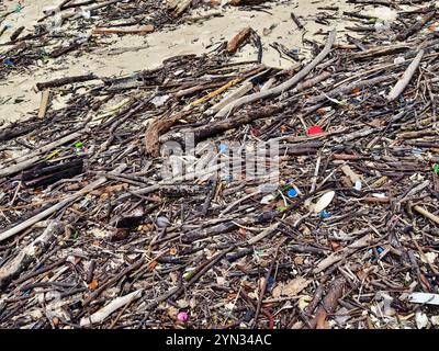 Une plage lourdement jonchée de bois et de plastique Banque D'Images