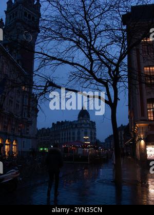 Lille la nuit, sortant de la rue Lepelletier, sur la Grand-place Banque D'Images