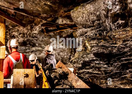 Focus sélectif sur le charbon anthracite sur une bande transporteuse avec un groupe défocalisé lors de la tournée de la mine de charbon de Lackawanna à McDade Park. Banque D'Images