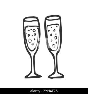 Une paire de verres de champagne dessinés à la main pour l'anniversaire, le nouvel an, Noël, mariage, engagement. Doodle, illustration vectorielle isolée sur fond blanc Illustration de Vecteur