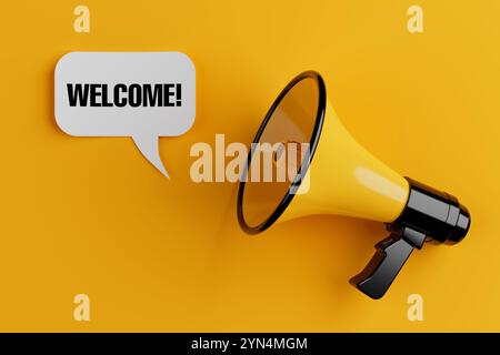 Megaphone jaune avec Welcome Speech Clouds Chat Bubble sur fond jaune. Rendu 3D. Banque D'Images